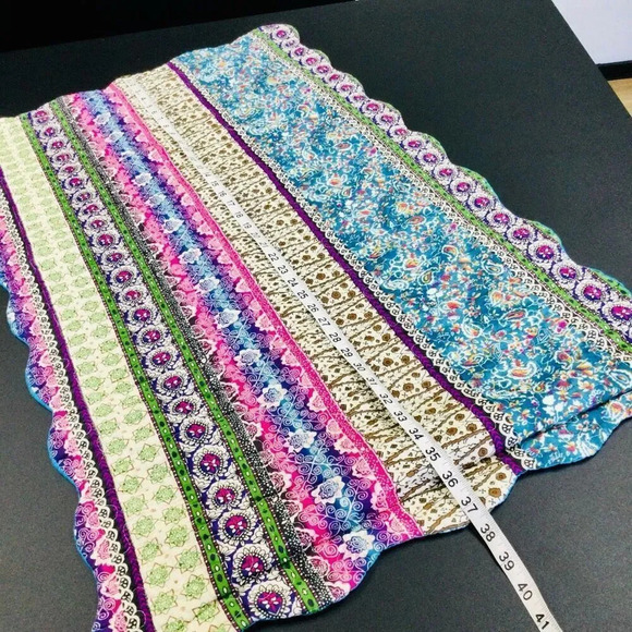 Vintage Floral Paisley Indian Striped Pillow Sham Scalloped Embroidered Border l - Picture 3 of 8